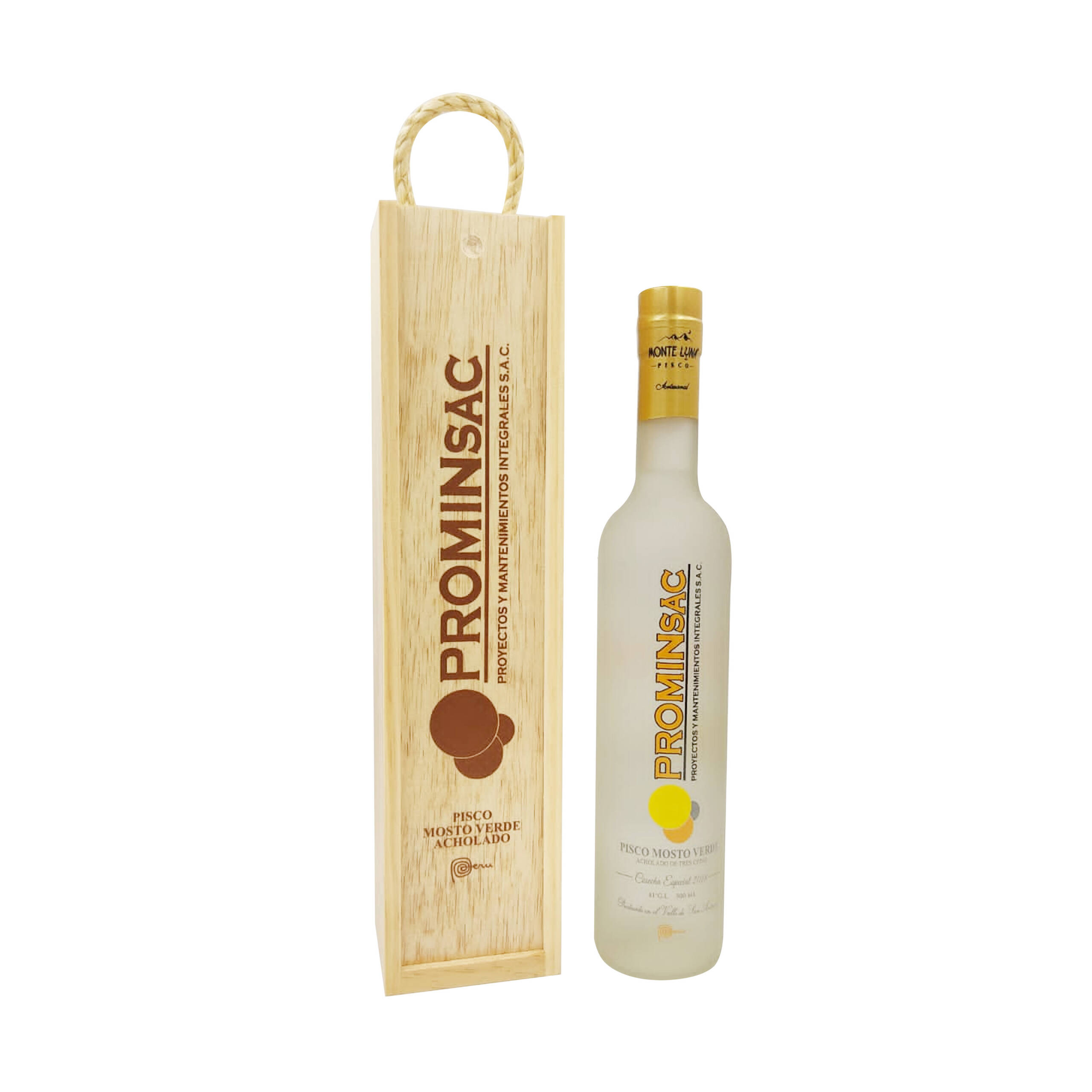Caja de Pino Tapa Completa Serigrafiada con Logo de Empresa + Pisco Monte Luna Personalizado Mod.1