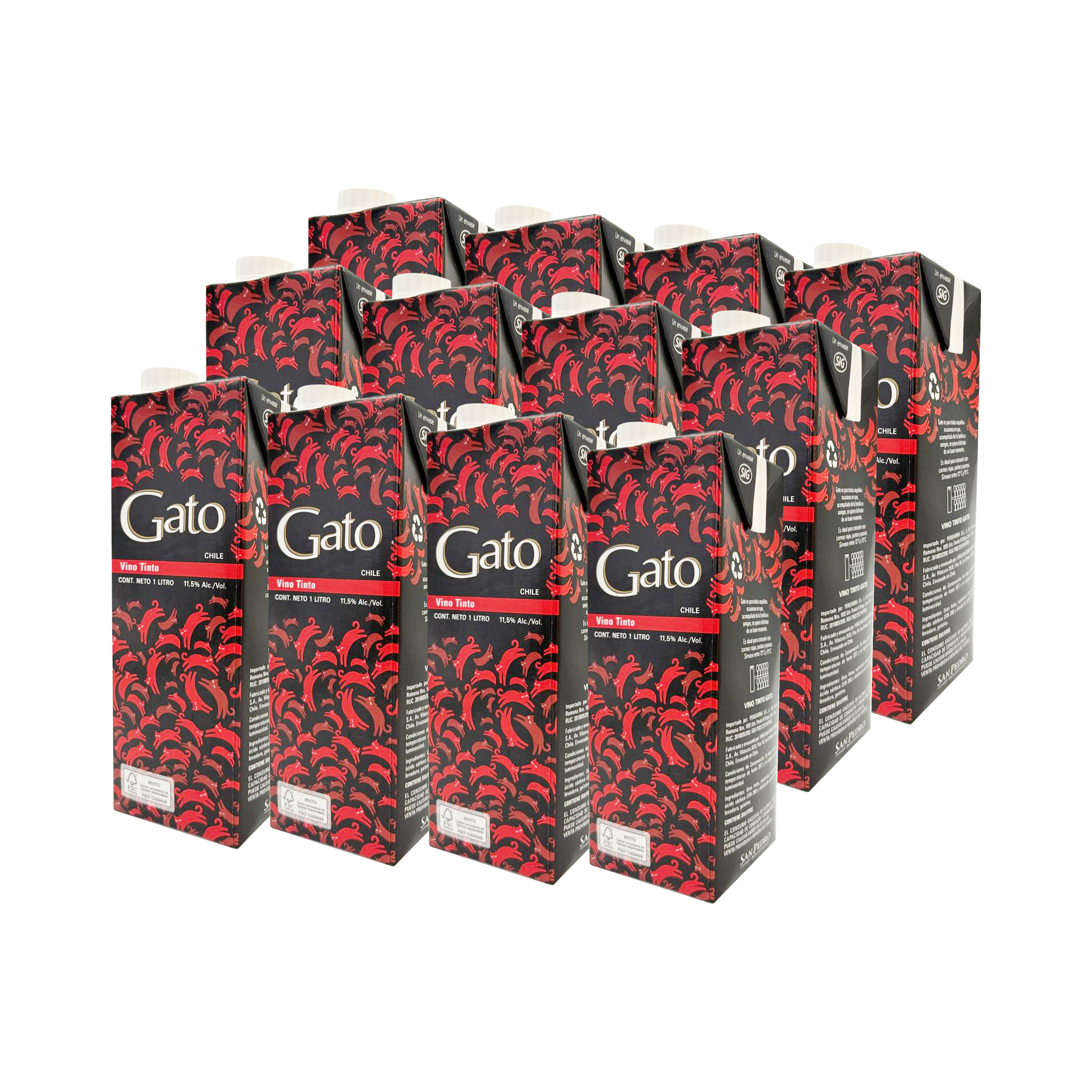 Pack 12 Vinos Tintos Gato Negro Tetra Pack 1 Litro