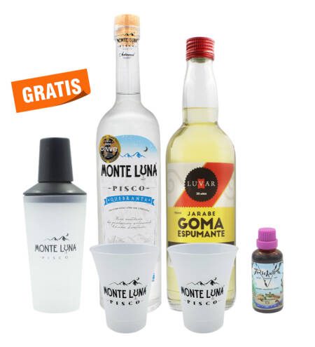 Kit Pisco Sour Monte Luna 500 ml + Shaker + Goma Luvar + Ricanti Bitters + 2 Vasos GRATIS