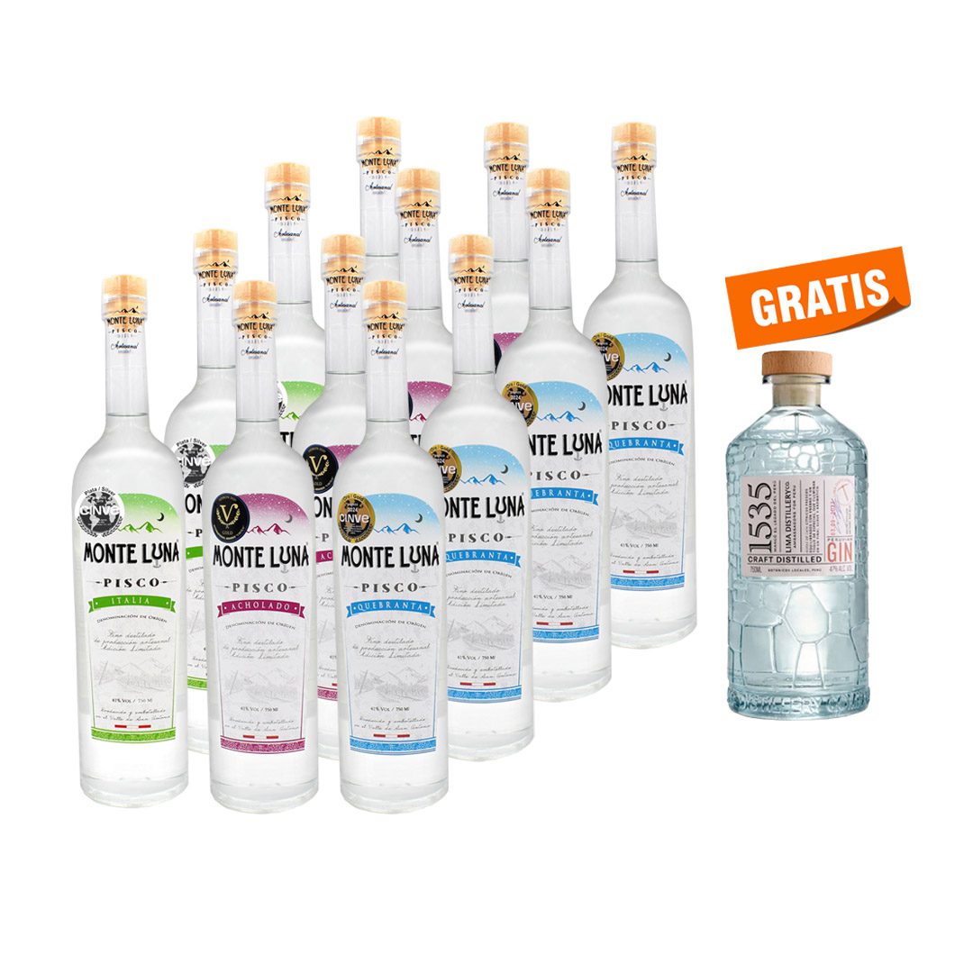 Pack 12 Piscos Monte Luna 750 ml + Gin 1535 750 ml GRATIS
