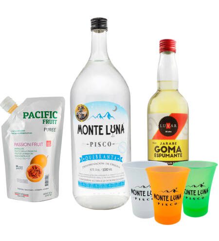 Pack Maracuyá Sour Monte Luna 2 Litros + Puré de Maracuyá + Jarabe de Goma + 3 Vasos Pisqueros