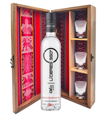 Pisco Monte Luna Personalizado 500 ml + Caja Artesanal + 3 Shots