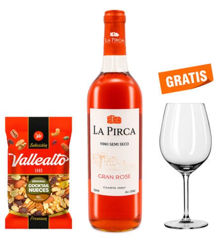 Vino Rosé Semiseco La Pirca 750 ml + Copa + Snack Vallealto