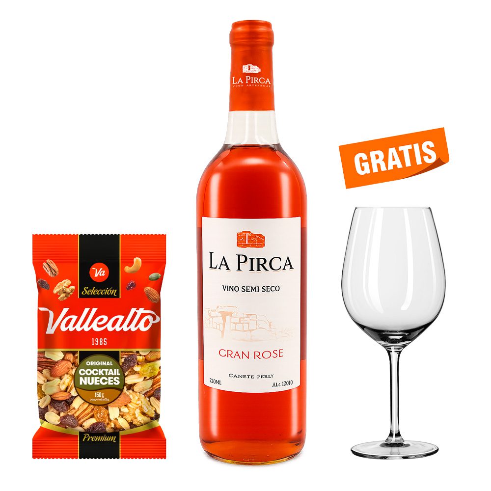 Vino Rosé Semiseco La Pirca 750 ml + Copa + Snack Vallealto