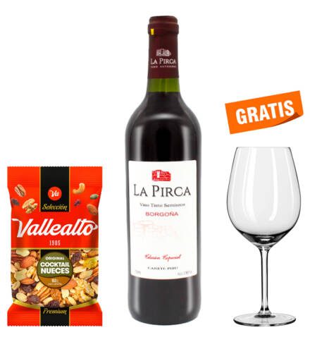 Vino La Pirca Borgoña Semiseco 750 ml con copa y snack Vallealto