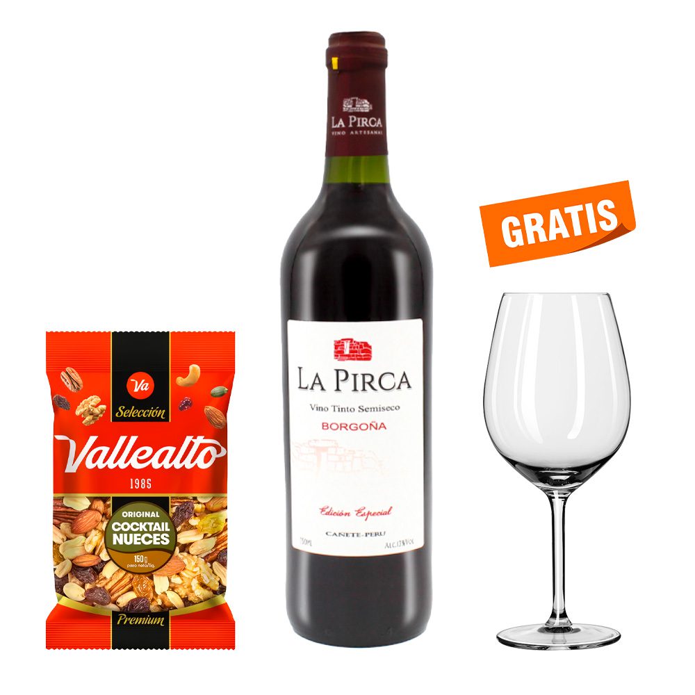 Vino La Pirca Borgoña Semiseco 750 ml con copa y snack Vallealto