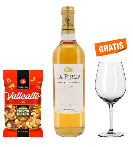 Vino Blanco Semiseco Italia La Pirca 750 ml + Copa + Snack Vallealto