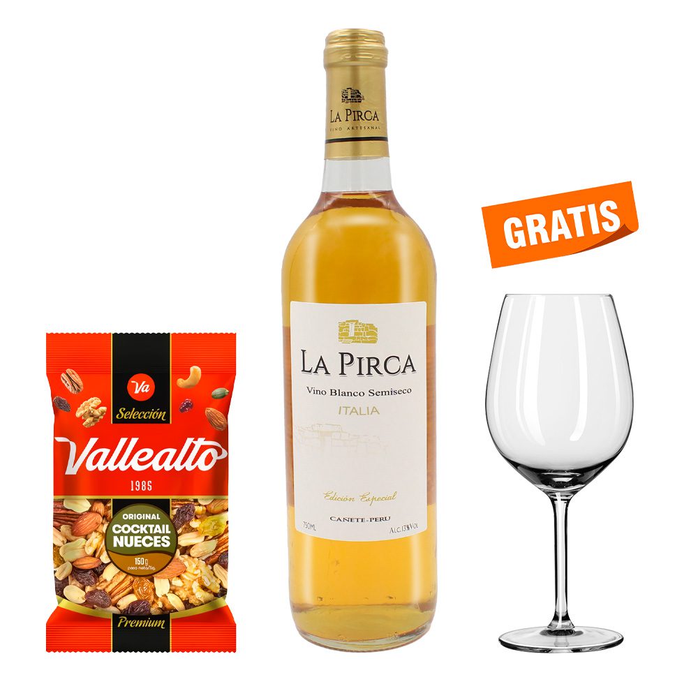 Vino Blanco Semiseco Italia La Pirca 750 ml + Copa + Snack Vallealto