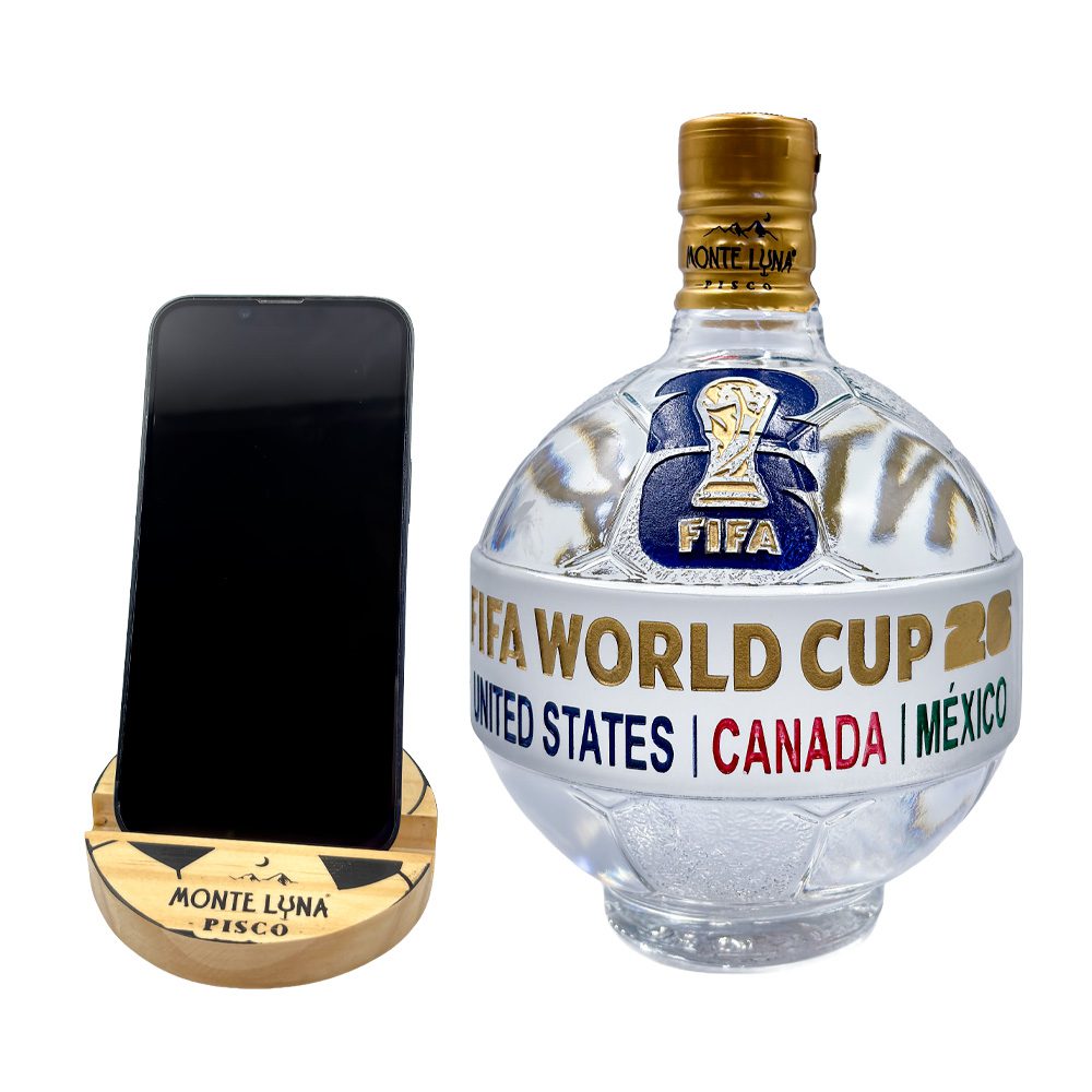 Pisco Personalizado Mundial 2026 Tricolor Botella Balón 750ml + Porta celular