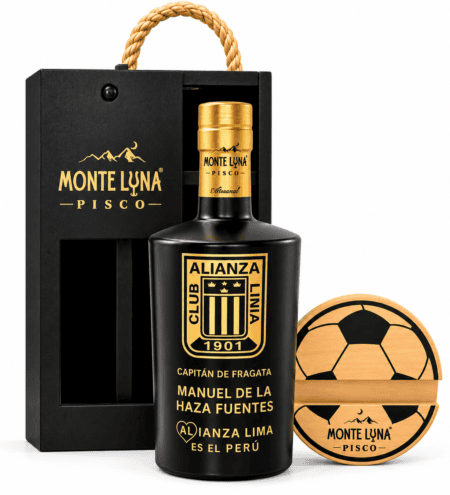 Pisco personalizado Alianza Lima con caja premium y portacelular