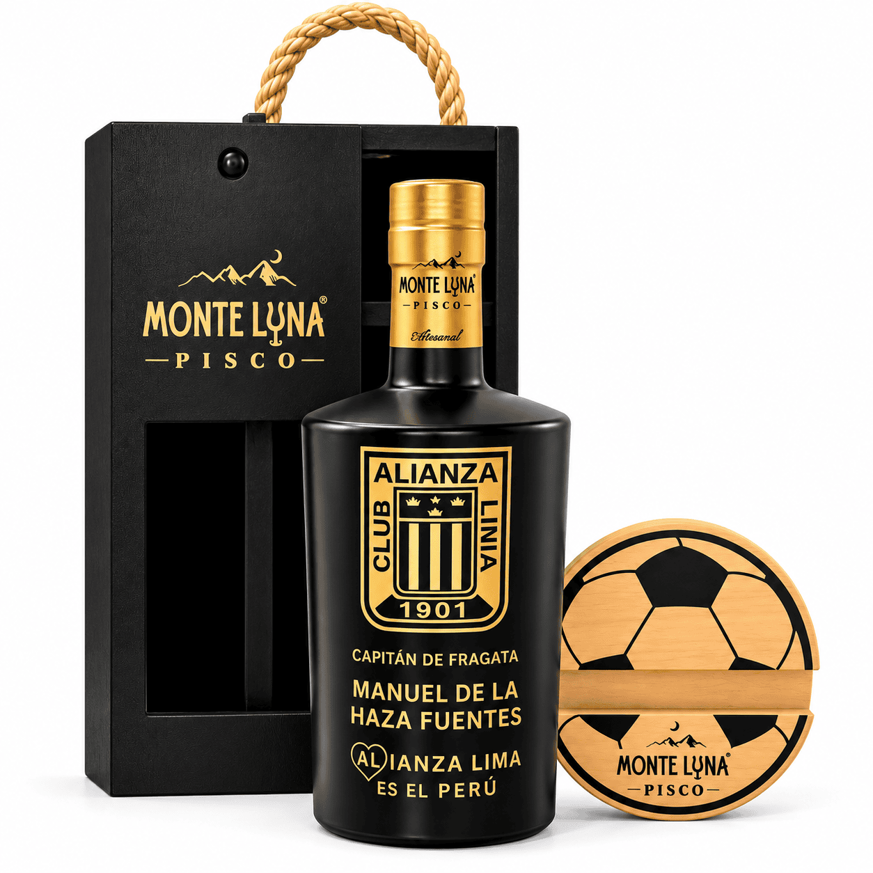 Pisco personalizado Alianza Lima con caja premium y portacelular