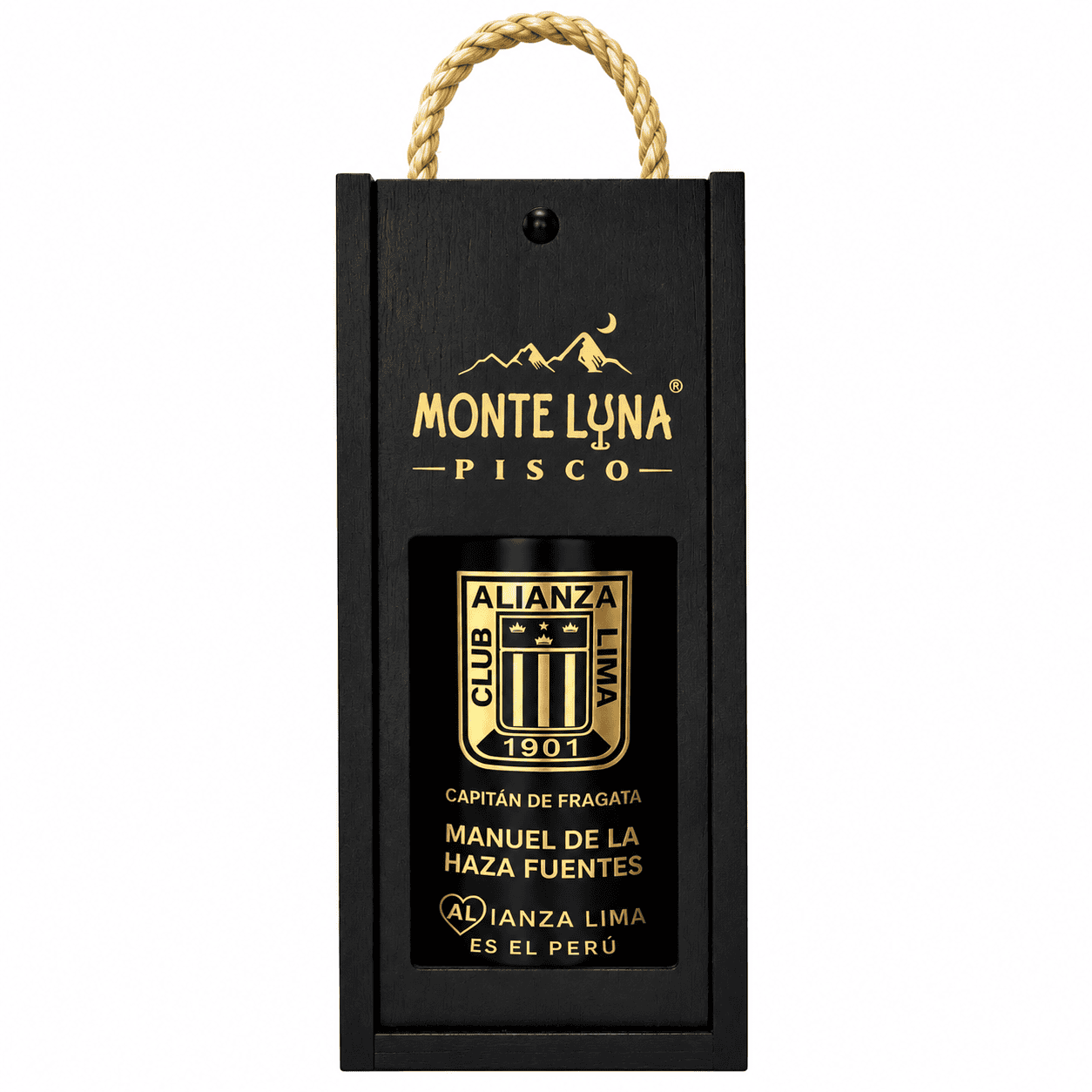 Pisco personalizado Alianza Lima en caja premium Monte Luna