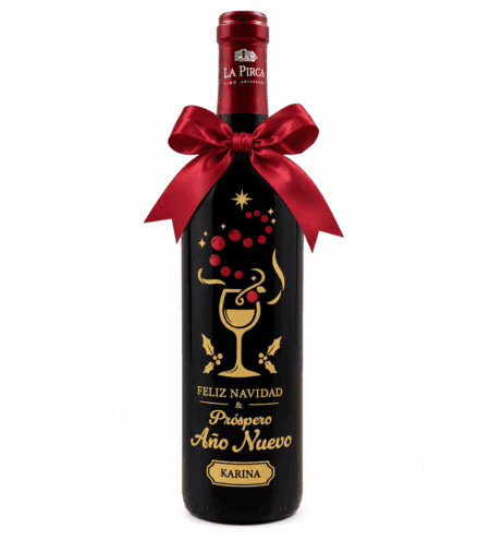 Vino personalizado Navidad La Pirca 750 ml con lazo rojo y diseño dorado.
